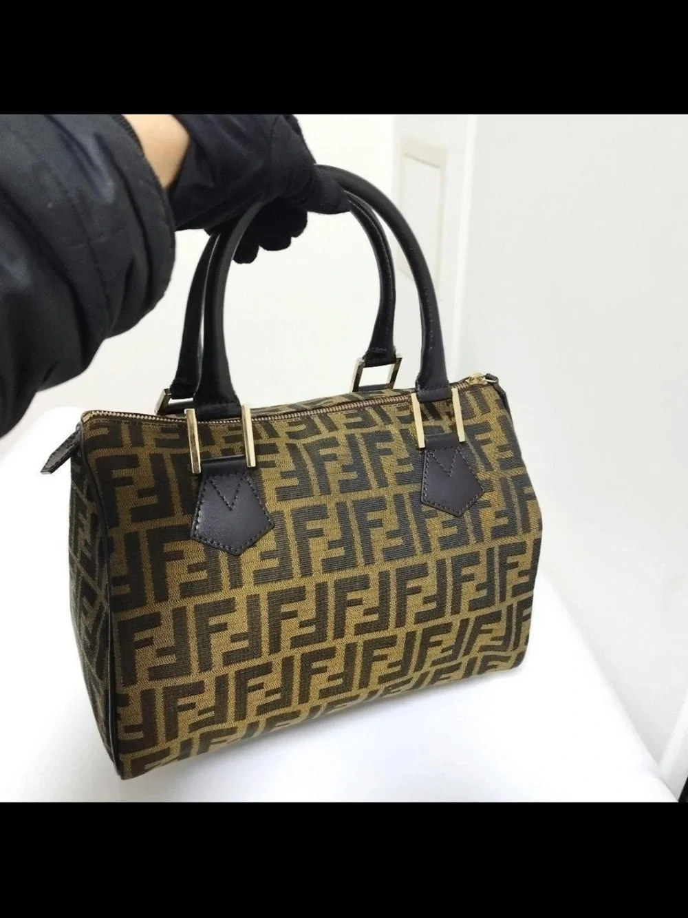 Fendi Brown FF Monogram Canvas Satchel with Black Leather Handles